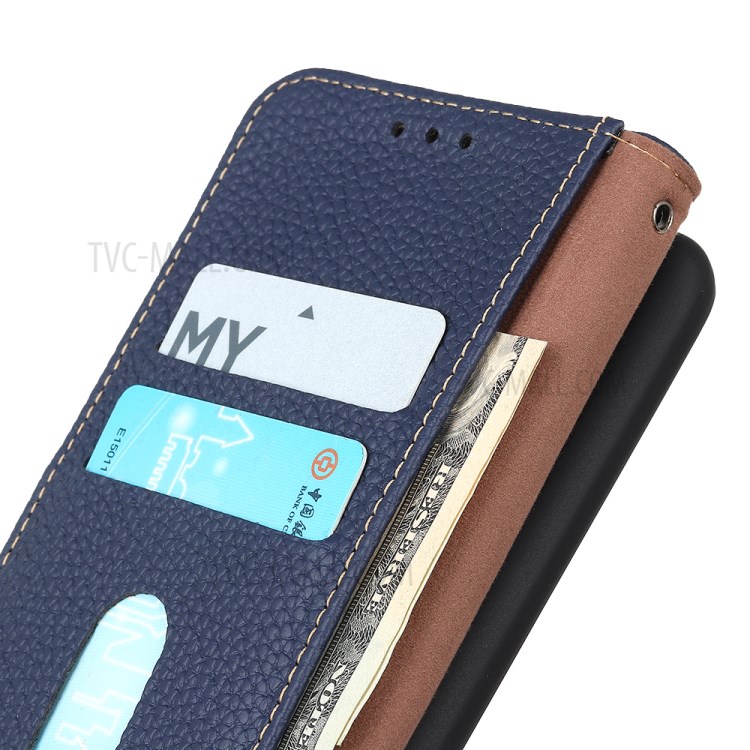 KHAZNEH Litchi Skin Surface Top Layer Genuine Leather Wallet Design Cover Case for Motorola Moto G60/G40 Fusion - Blue-7