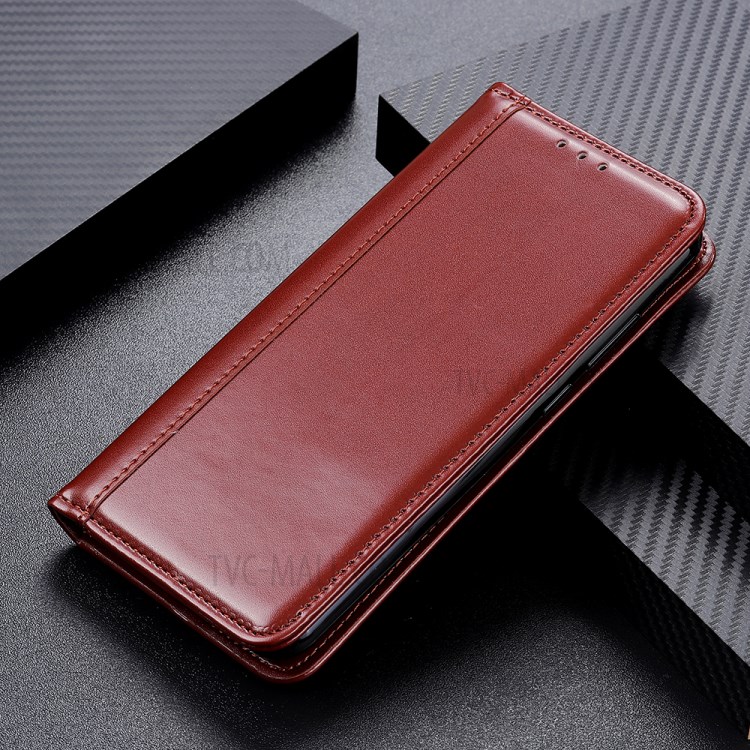 Split Leather Folio Flip Automatic Attraction Wallet Design Phone Case for Motorola Moto G60/G40 Fusion - Brown-5