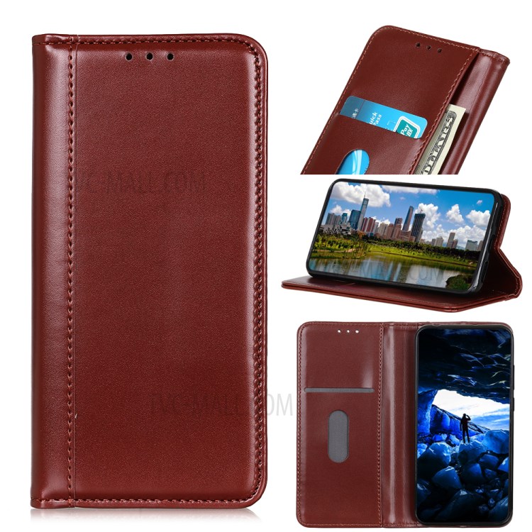 Split Leather Folio Flip Automatic Attraction Wallet Design Phone Case for Motorola Moto G60/G40 Fusion - Brown-9