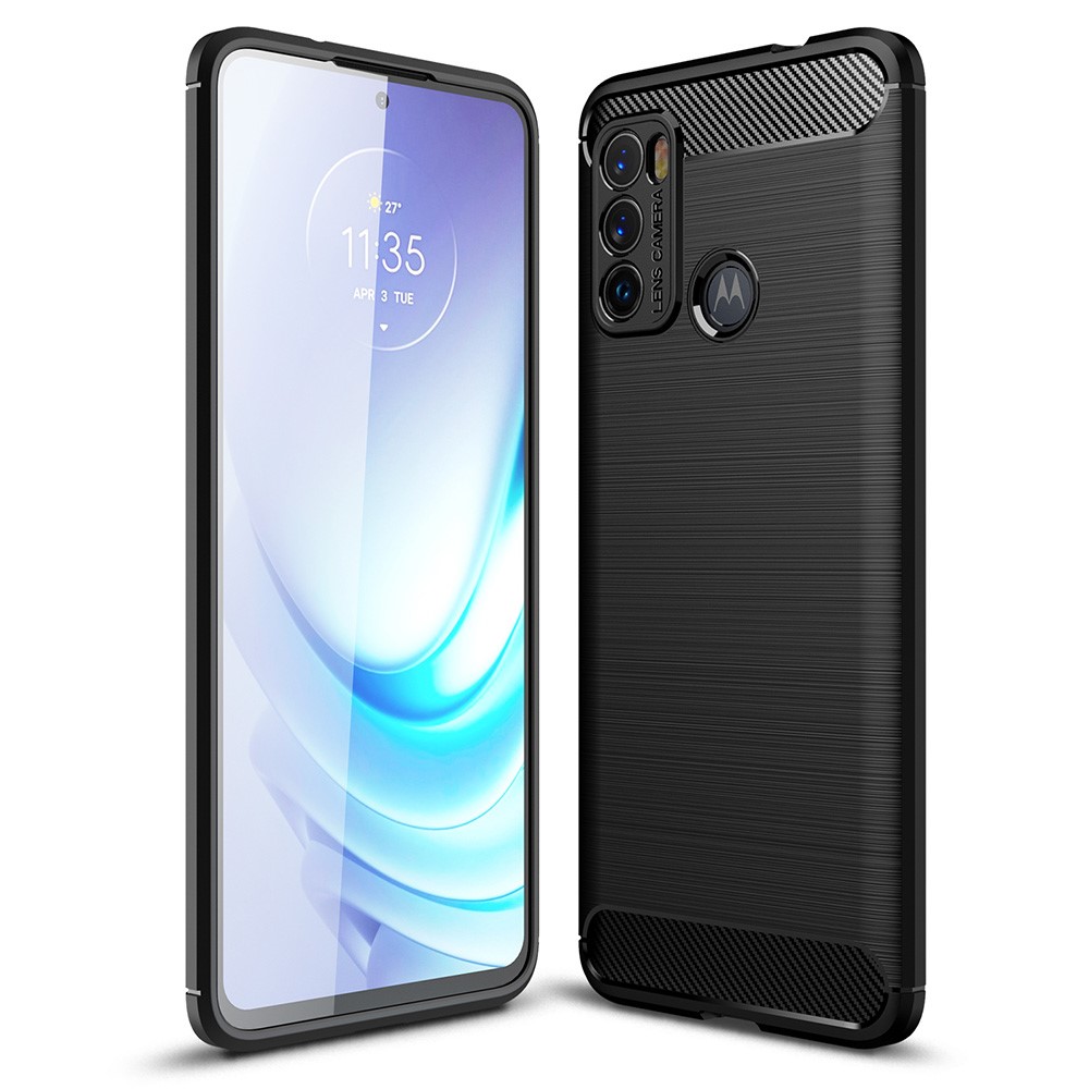 Flexible TPU Phone Protector Case Brushed Carbon Fiber Texture Cover for Motorola Moto G60 - Black-1