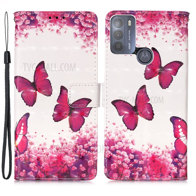 3D Pattern Printing Leather Protection Case Wallet Stand Phone Cover for Motorola Moto G50 - Rose Red Butterfly-1