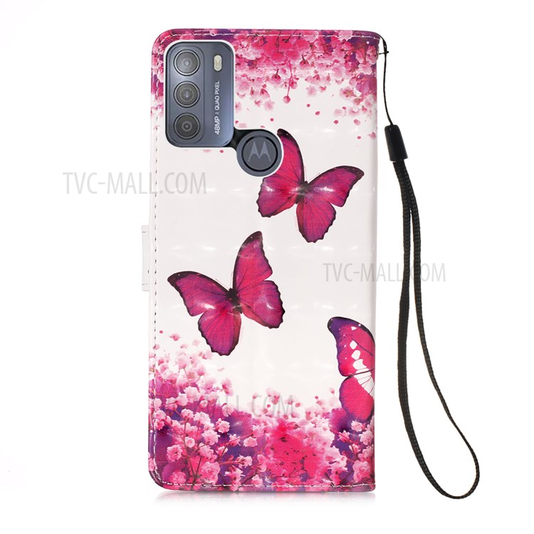 3D Pattern Printing Leather Protection Case Wallet Stand Phone Cover for Motorola Moto G50 - Rose Red Butterfly-3