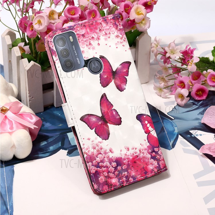 3D Pattern Printing Leather Protection Case Wallet Stand Phone Cover for Motorola Moto G50 - Rose Red Butterfly-8