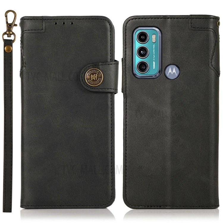 KHAZNEH Shockproof PU Leather Stand Wallet Case Phone Cover with Strap for Motorola Moto G60/G40 Fusion - Black-1