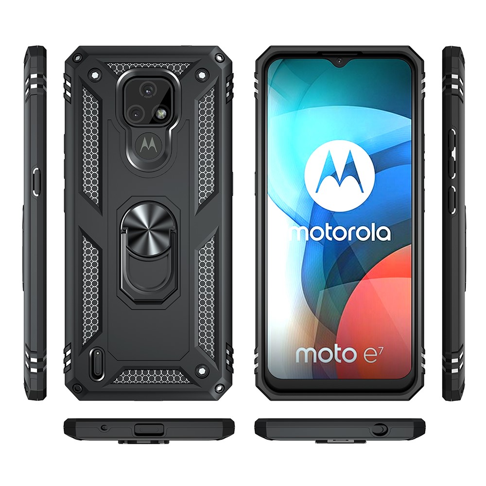 For Motorola Moto E7 Anti-Fall Phone Hybrid PC + TPU + Metal Case with Finger Ring Kickstand - Black-3