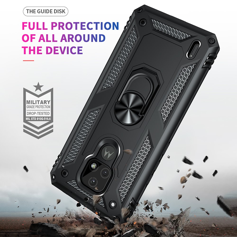 For Motorola Moto E7 Anti-Fall Phone Hybrid PC + TPU + Metal Case with Finger Ring Kickstand - Black-7