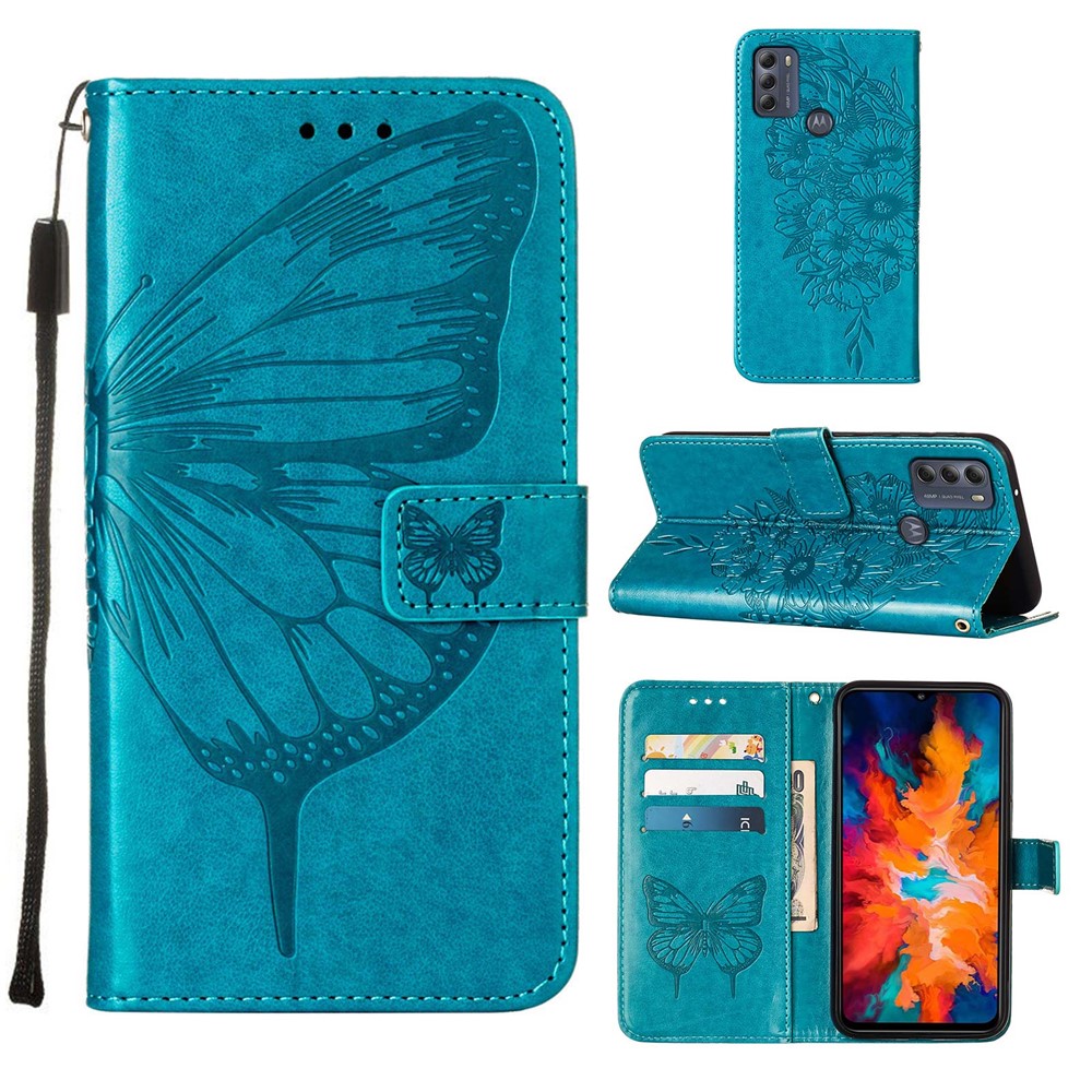 Imprint Butterfly Pattern Horizontal Flip PU Leather Case with Wallet & Lanyard for Motorola Moto G50 - Blue-10