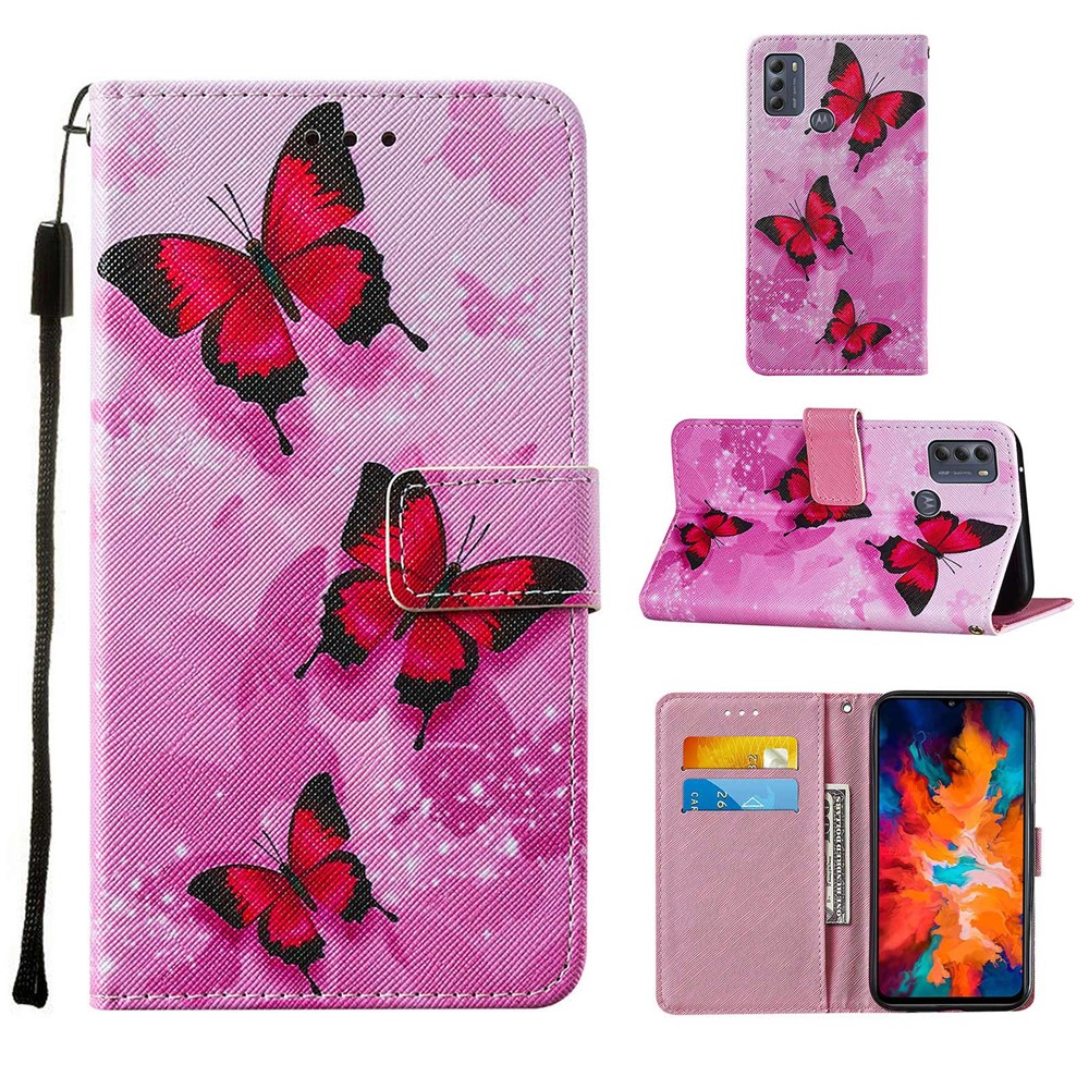 Cross Texture Pattern Printing Wallet Stand Leather Phone Case Cover for Motorola Moto G50 - Red Butterfly-10