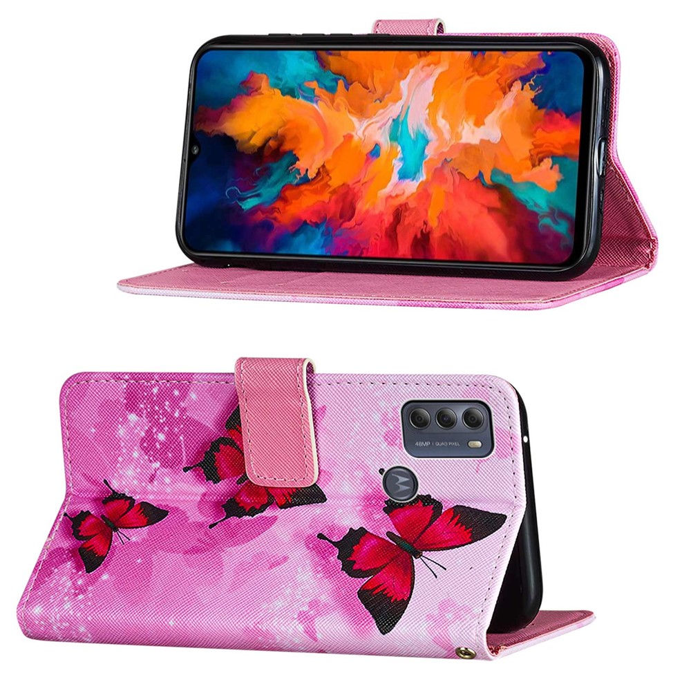 Cross Texture Pattern Printing Wallet Stand Leather Phone Case Cover for Motorola Moto G50 - Red Butterfly-3