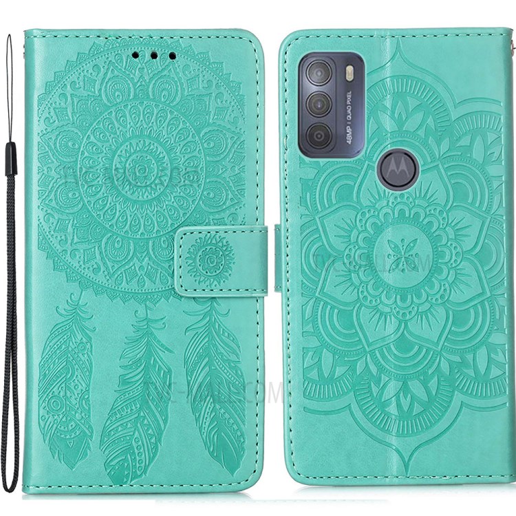 Dream Catcher Imprint Pattern Wallet Stand Leather Protective Phone Shell for Motorola Moto G50 - Green-1