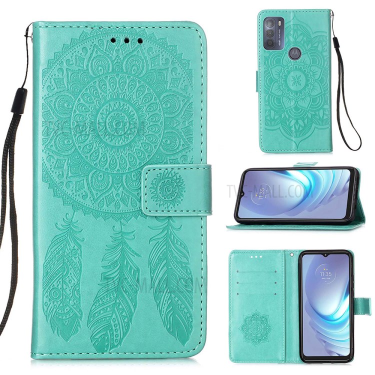 Dream Catcher Imprint Pattern Wallet Stand Leather Protective Phone Shell for Motorola Moto G50 - Green-7