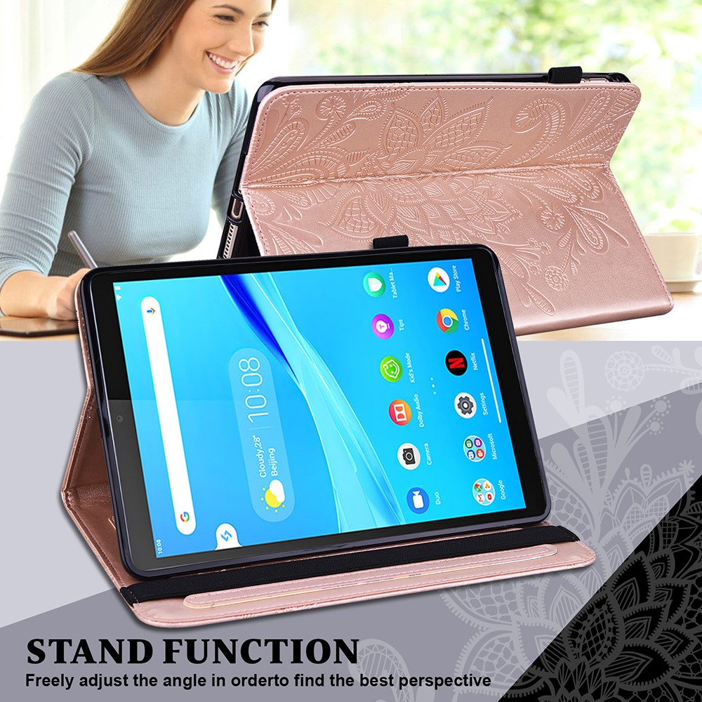 Imprint Flower Pattern Multi Stand Soft Touch Full Protection Wallet PU Leather Tablet Cover for Lenovo Tab M10 HD Gen 2 (X306X) - Rose Gold-5