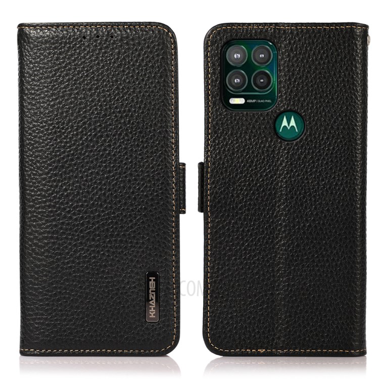 KHAZNEH All-round Litchi Texture Genuine Leather Anti-theft Swiping Design Phone Case for Motorola Moto G Stylus 5G - Black-1