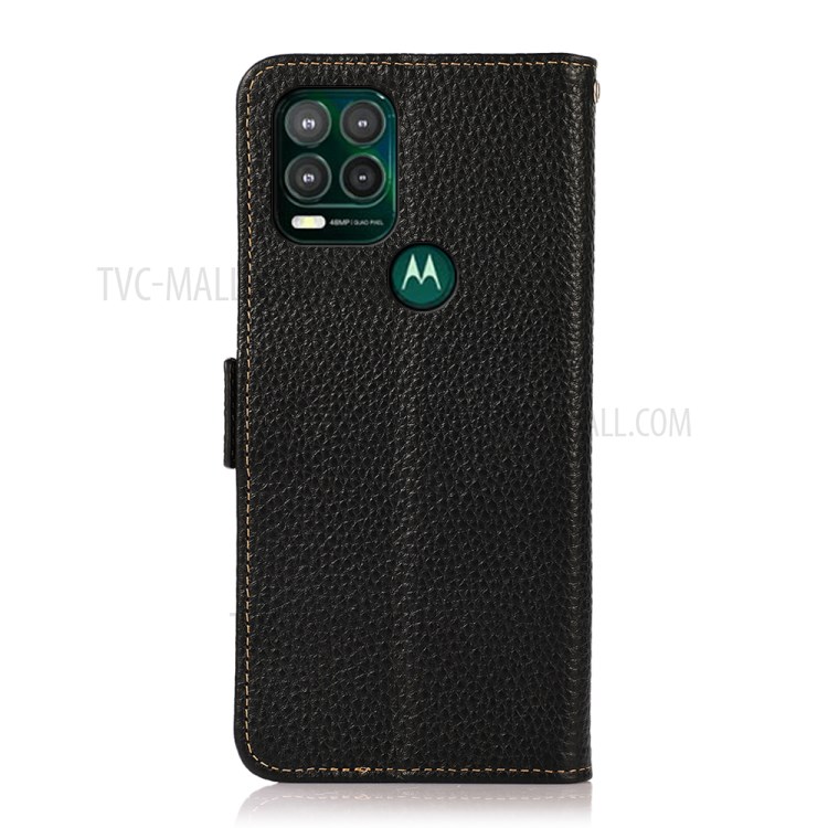 KHAZNEH All-round Litchi Texture Genuine Leather Anti-theft Swiping Design Phone Case for Motorola Moto G Stylus 5G - Black-3