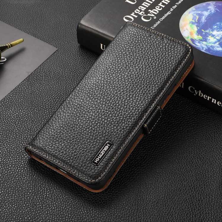 KHAZNEH All-round Litchi Texture Genuine Leather Anti-theft Swiping Design Phone Case for Motorola Moto G Stylus 5G - Black-9