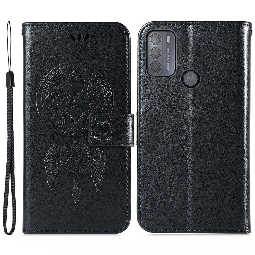 Anti-Scratch Fashion Imprint Owl Dream Catcher Design Magnetic Wallet Leather Cover Case with Strap for Motorola Moto G50 - Black-1