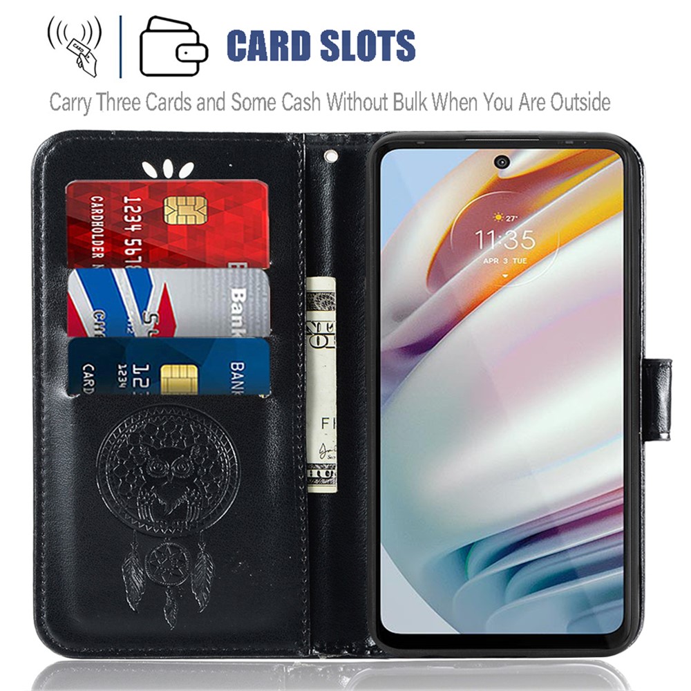 Shock-Absorbent Bumper Dream Catcher Owl Pattern Imprinting Magnetic Closure Flip Folio Cover for Motorola Moto G60 / Moto G40 Fusion - Black-3