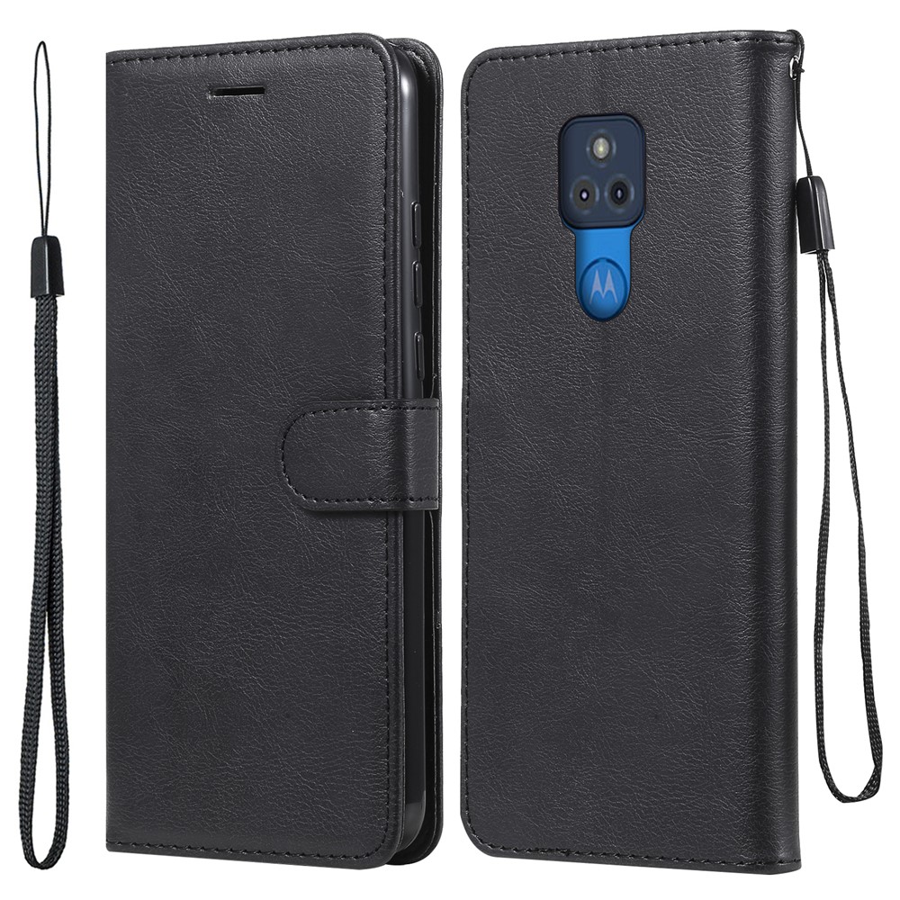 Full Protection Plain Leather Phone Wallet Stand Shell with Strap for Motorola Moto G Play (2021) - Black-1