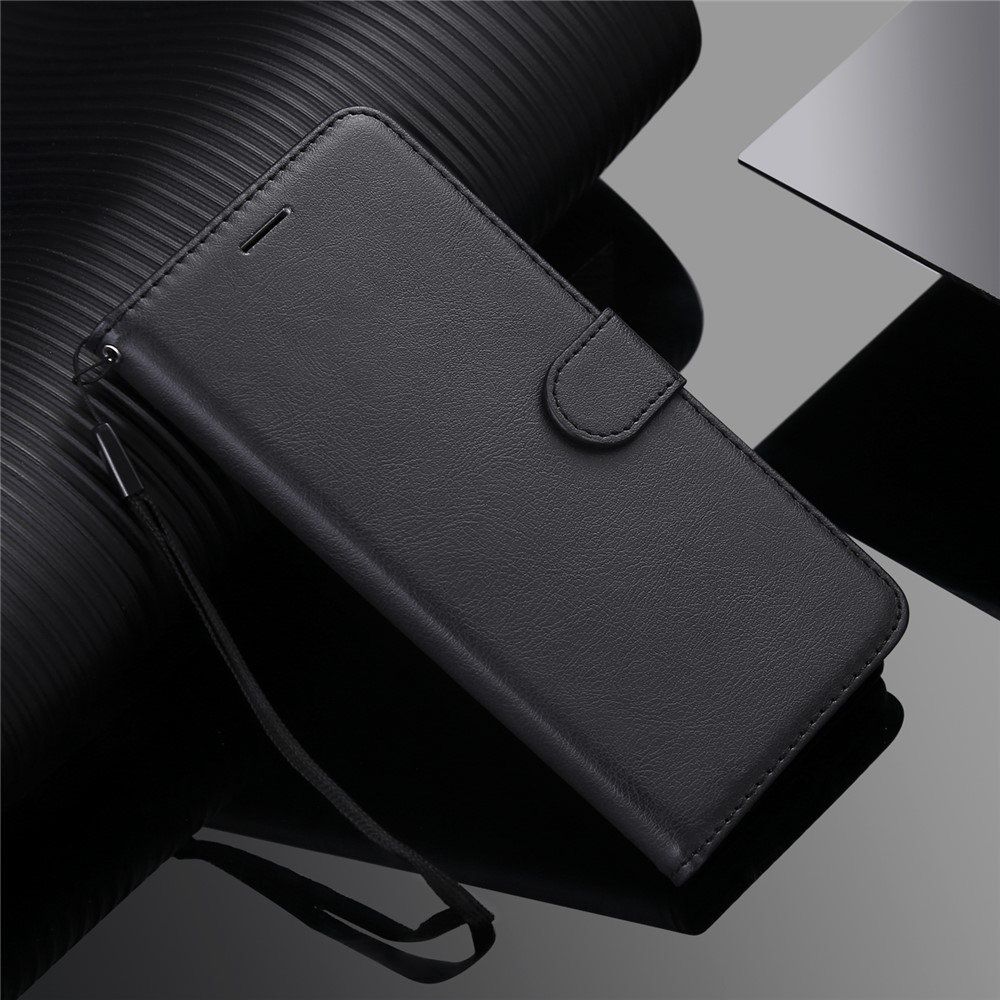 Full Protection Plain Leather Phone Wallet Stand Shell with Strap for Motorola Moto G Play (2021) - Black-11