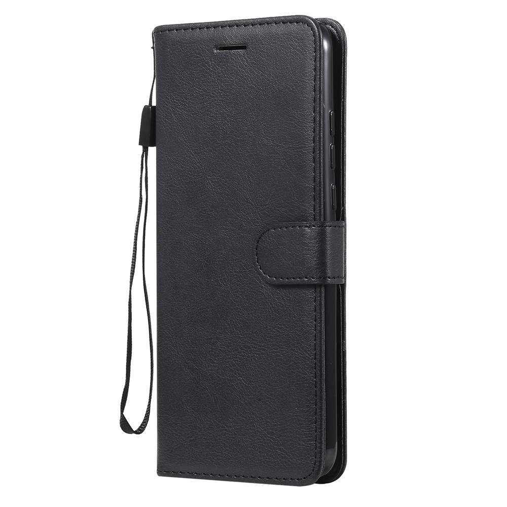 Full Protection Plain Leather Phone Wallet Stand Shell with Strap for Motorola Moto G Play (2021) - Black-2