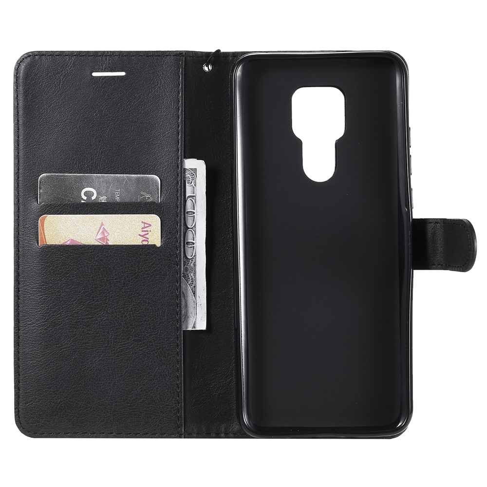 Full Protection Plain Leather Phone Wallet Stand Shell with Strap for Motorola Moto G Play (2021) - Black-6