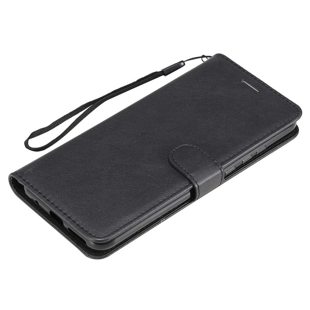 Full Protection Plain Leather Phone Wallet Stand Shell with Strap for Motorola Moto G Play (2021) - Black-7
