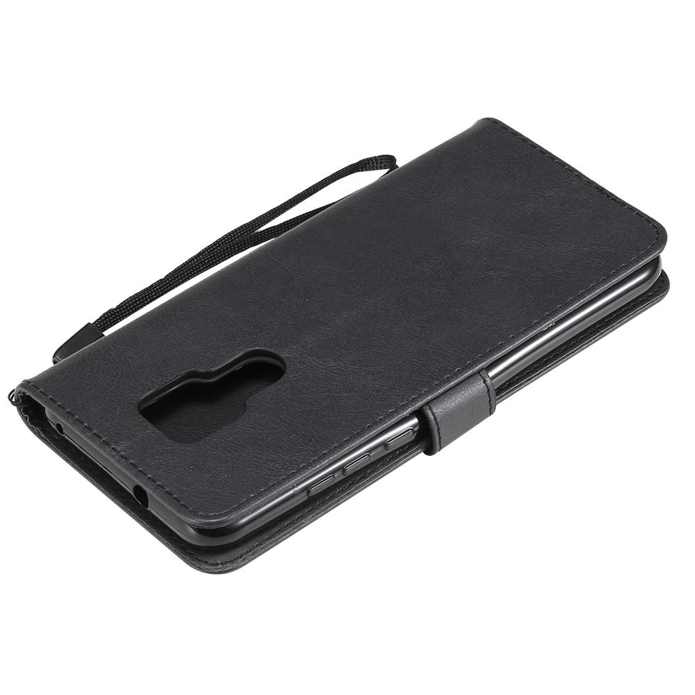 Full Protection Plain Leather Phone Wallet Stand Shell with Strap for Motorola Moto G Play (2021) - Black-8