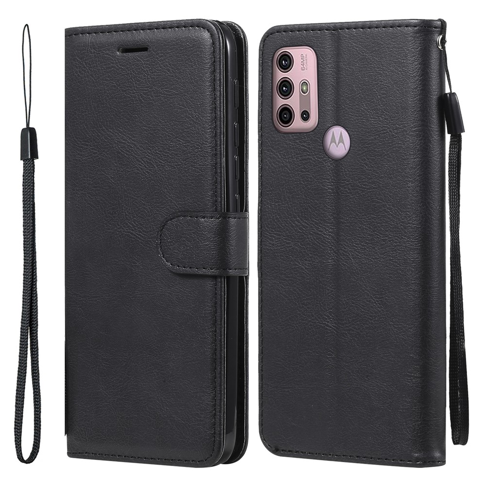 Solid Color Wallet Leather Phone Stand Shell with Strap for Motorola Moto G10/G30 - Black-1