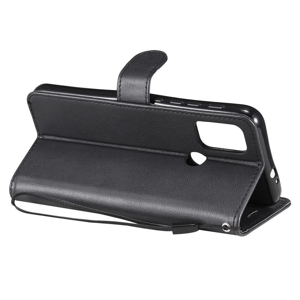 Solid Color Wallet Leather Phone Stand Shell with Strap for Motorola Moto G10/G30 - Black-4
