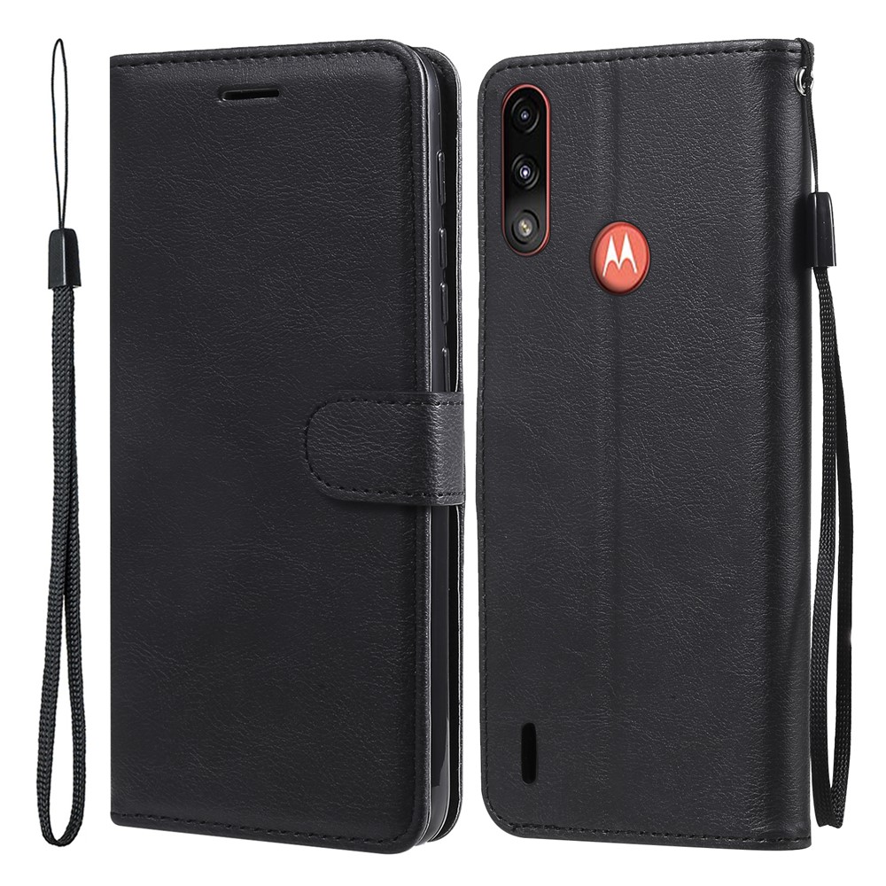 Wallet Design Solid Color Leather Phone Stand Shell with Strap for Motorola Moto E7 Power - Black-1