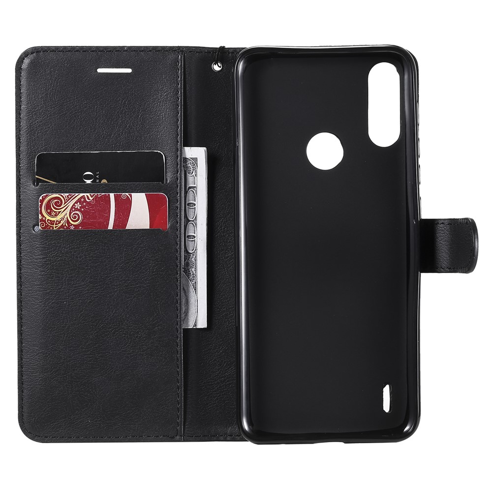 Wallet Design Solid Color Leather Phone Stand Shell with Strap for Motorola Moto E7 Power - Black-4