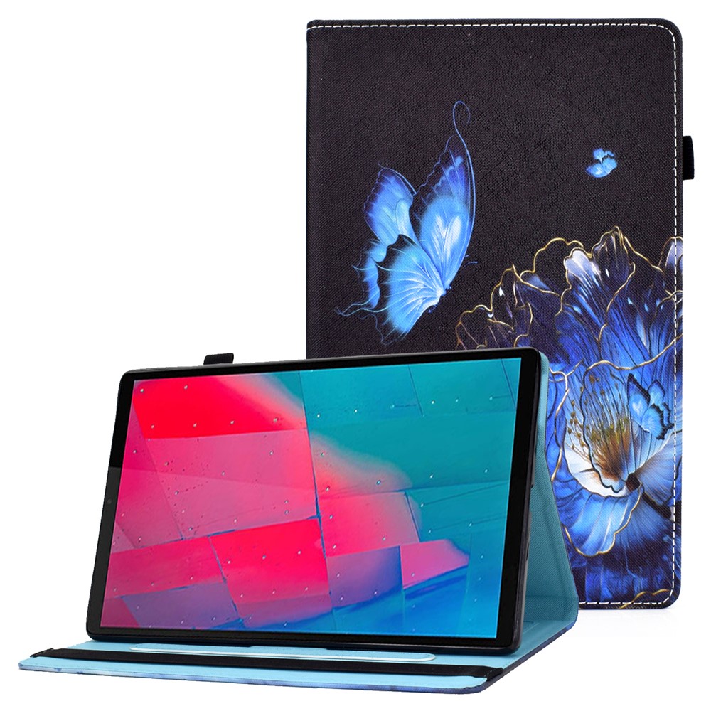 Anti-Vibration and Anti-Slip Pattern Printing Elastic Band Stand Card Holder Cover Case for Lenovo Tab M10 Plus TB-X606F - Butterfly and Flower-1