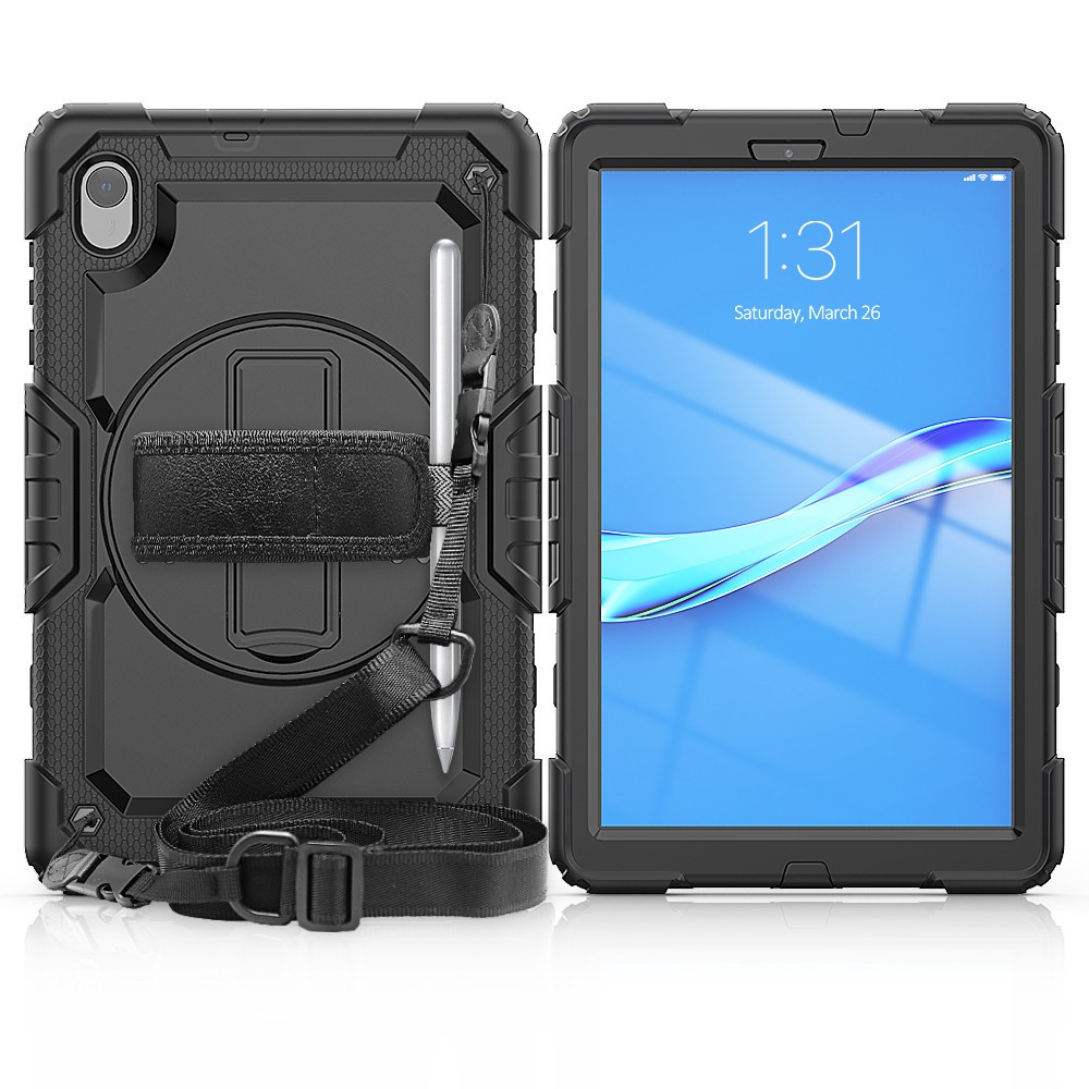 PC + Silicone + PET Front Film Tablet Combo Shell with Kickstand and Shoulder Strap for Lenovo Tab M10 HD Gen 2 TB-306X(F) - Black/Black-6