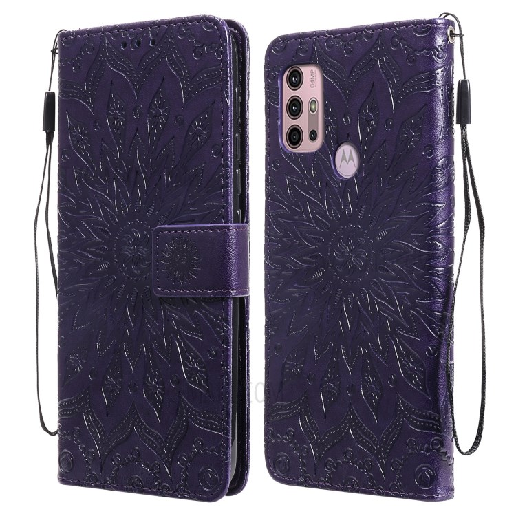 PU Leather Wallet Stand Phone Cover with Flower Pattern Imprinting for Motorola Moto G10/G30 - Purple-1