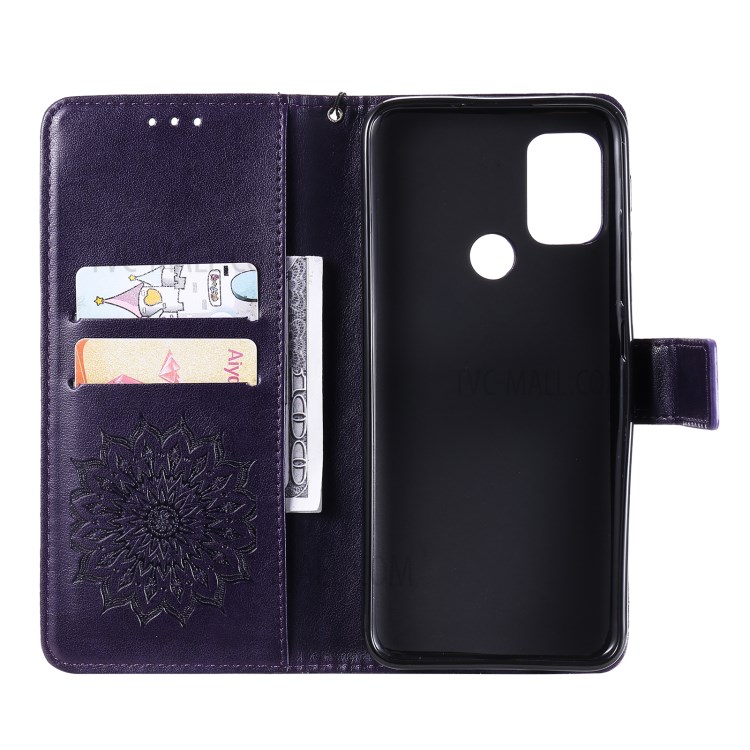 PU Leather Wallet Stand Phone Cover with Flower Pattern Imprinting for Motorola Moto G10/G30 - Purple-4