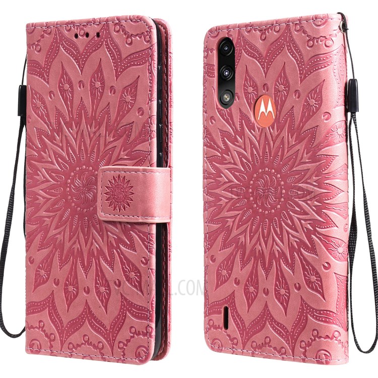 Wallet Design Flower Pattern Imprinting PU Leather Stand Phone Cover for Motorola Moto E7 Power - Pink-1