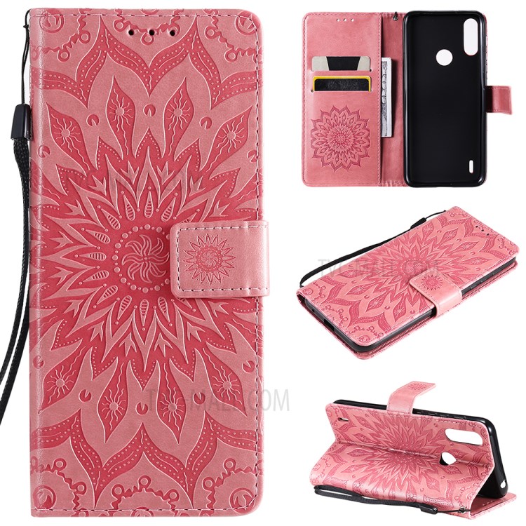 Wallet Design Flower Pattern Imprinting PU Leather Stand Phone Cover for Motorola Moto E7 Power - Pink-11