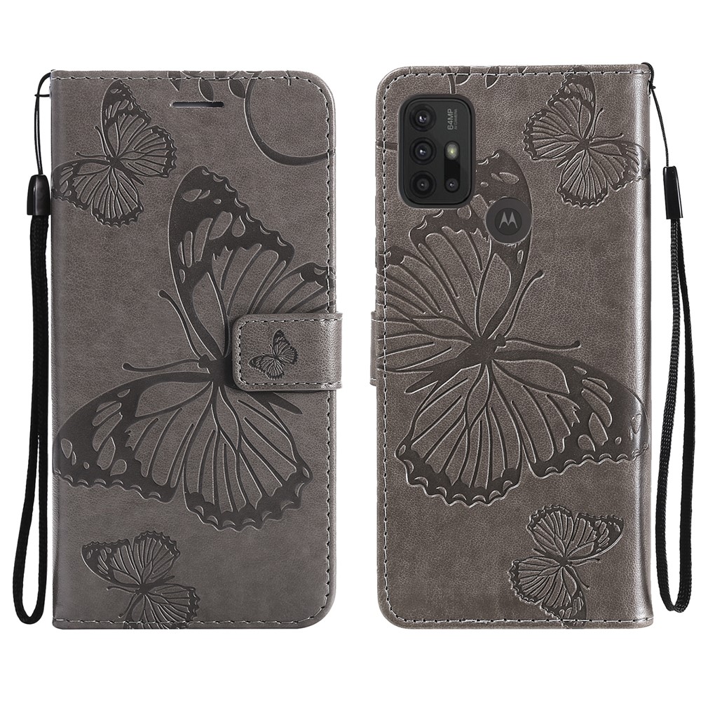 Wallet Design Butterflies Pattern Imprinting Leather Stand Case for Motorola Moto G10/G30 - Grey-1
