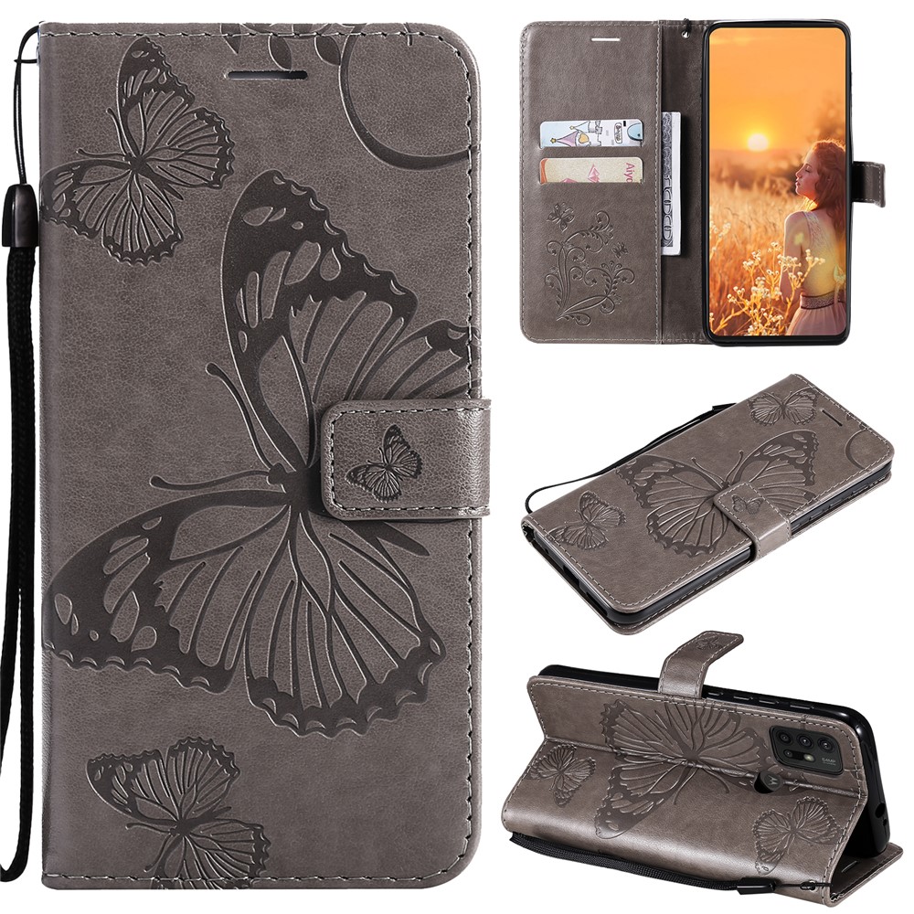 Wallet Design Butterflies Pattern Imprinting Leather Stand Case for Motorola Moto G10/G30 - Grey-10