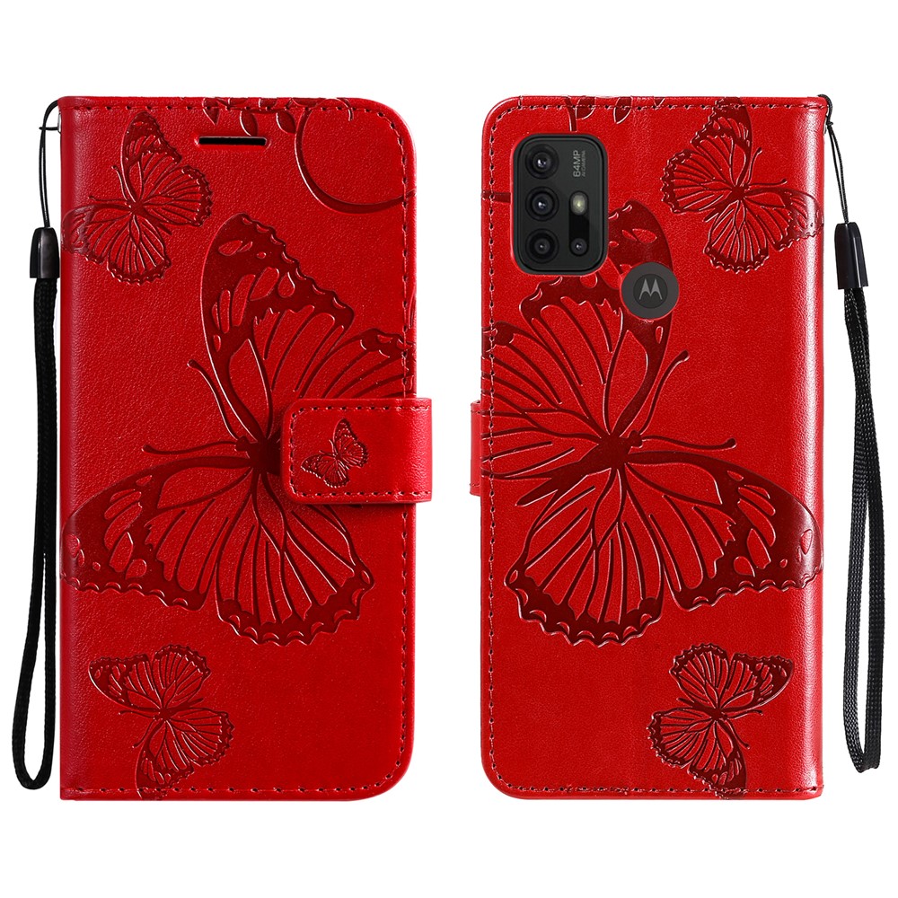 Wallet Design Butterflies Pattern Imprinting Leather Stand Case for Motorola Moto G10/G30 - Red-1