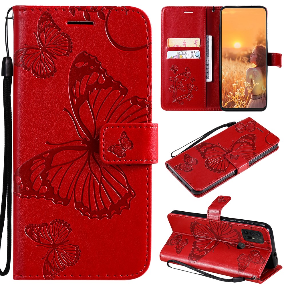 Wallet Design Butterflies Pattern Imprinting Leather Stand Case for Motorola Moto G10/G30 - Red-10