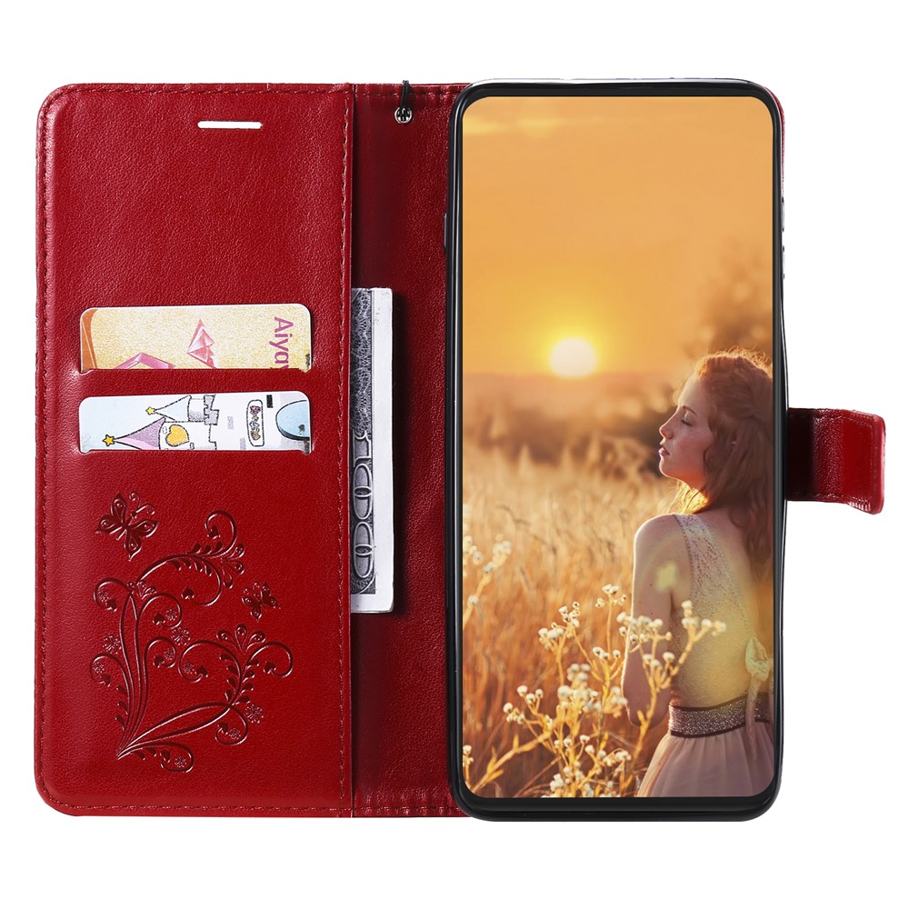 Wallet Design Butterflies Pattern Imprinting Leather Stand Case for Motorola Moto G10/G30 - Red-4