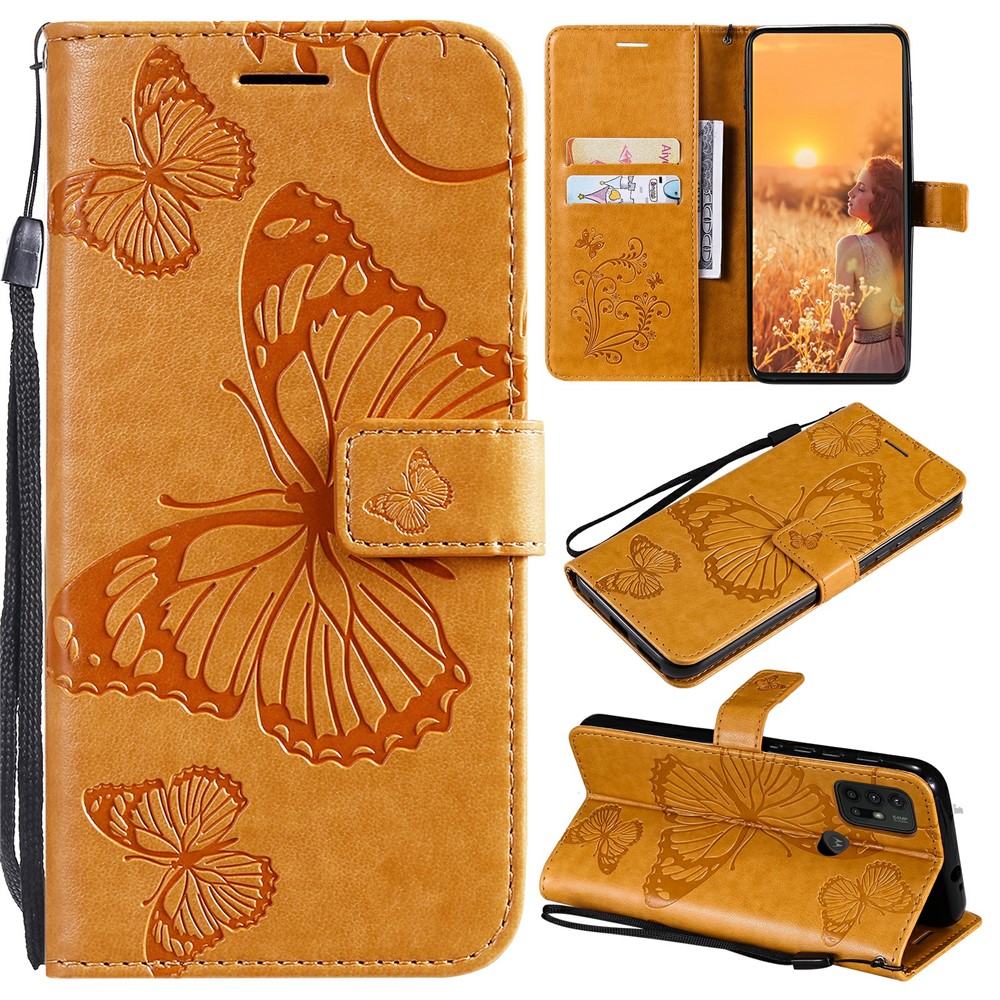 Wallet Design Butterflies Pattern Imprinting Leather Stand Case for Motorola Moto G10/G30 - Yellow-10
