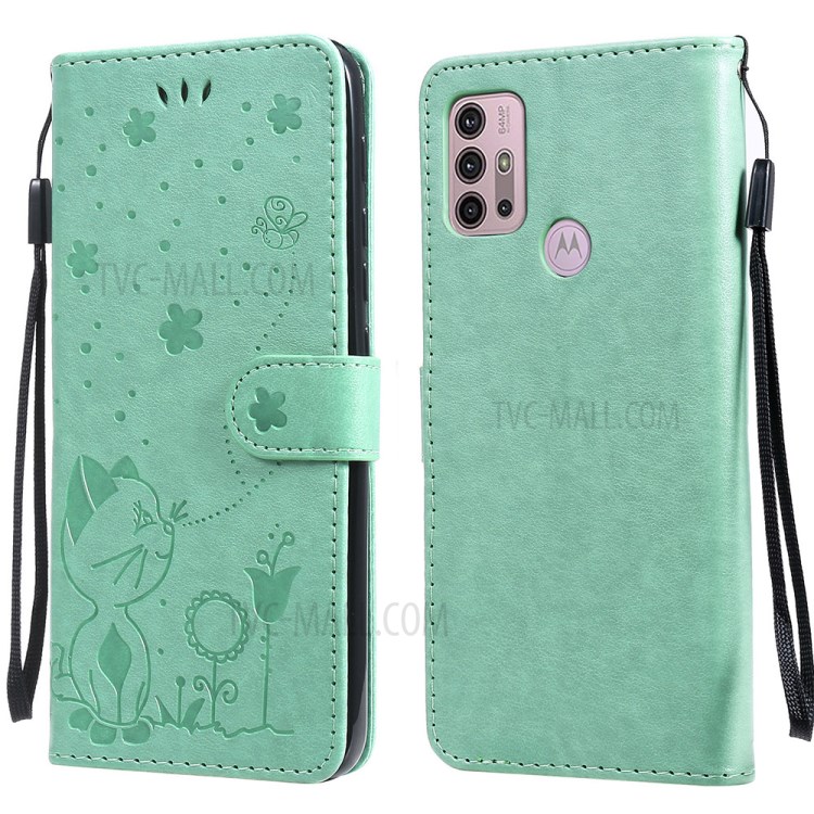 Wallet Stand Design Cat and Bee Pattern Imprinting Leather Case with Magnetic Closure for Motorola Moto G10/G30 - Green-1