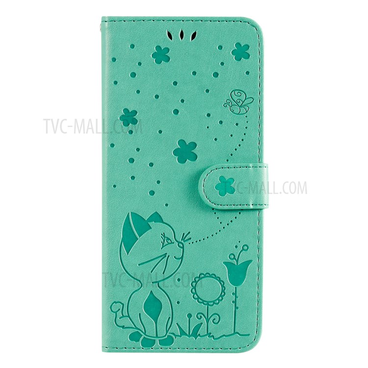 Wallet Stand Design Cat and Bee Pattern Imprinting Leather Case with Magnetic Closure for Motorola Moto G10/G30 - Green-11