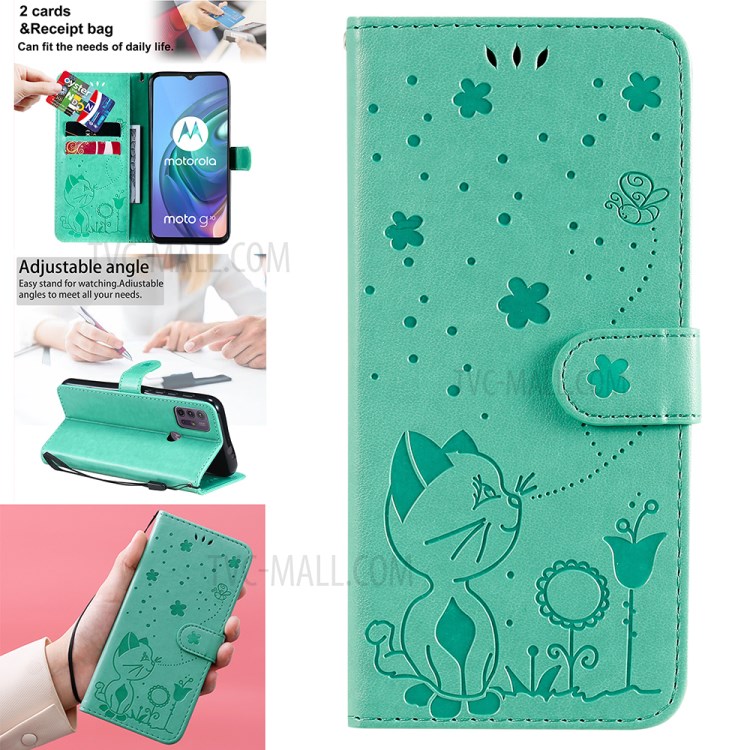 Wallet Stand Design Cat and Bee Pattern Imprinting Leather Case with Magnetic Closure for Motorola Moto G10/G30 - Green-14
