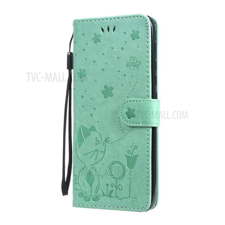 Wallet Stand Design Cat and Bee Pattern Imprinting Leather Case with Magnetic Closure for Motorola Moto G10/G30 - Green-2