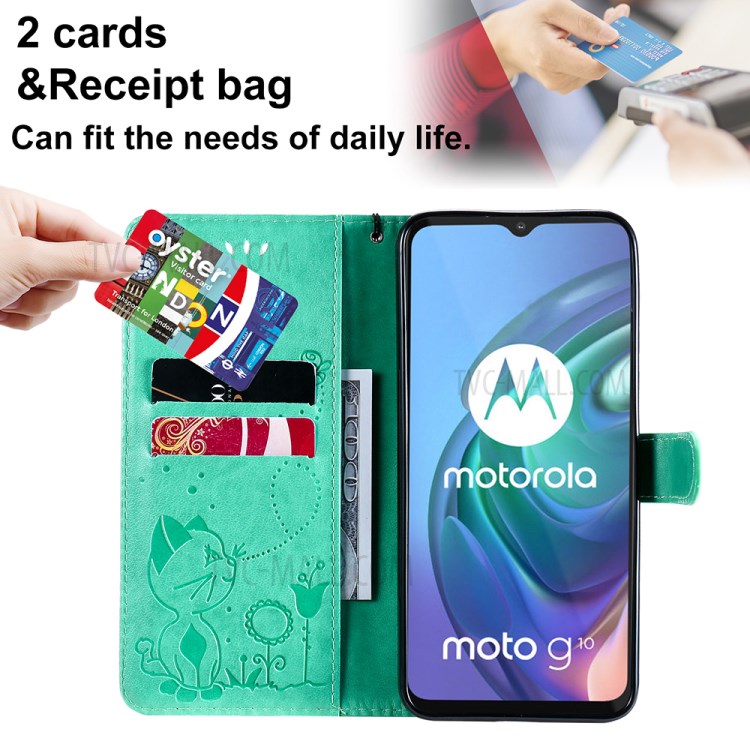 Wallet Stand Design Cat and Bee Pattern Imprinting Leather Case with Magnetic Closure for Motorola Moto G10/G30 - Green-4