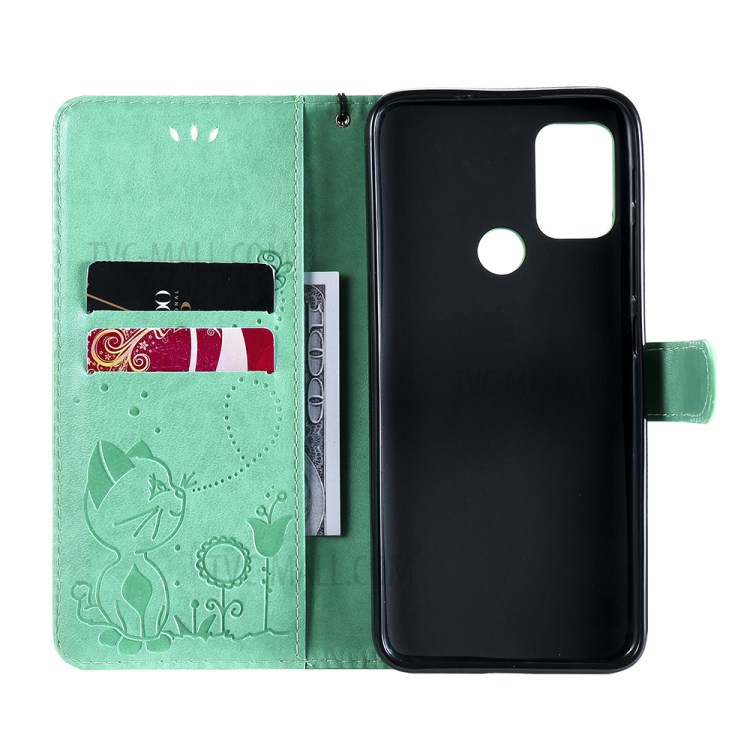 Wallet Stand Design Cat and Bee Pattern Imprinting Leather Case with Magnetic Closure for Motorola Moto G10/G30 - Green-6