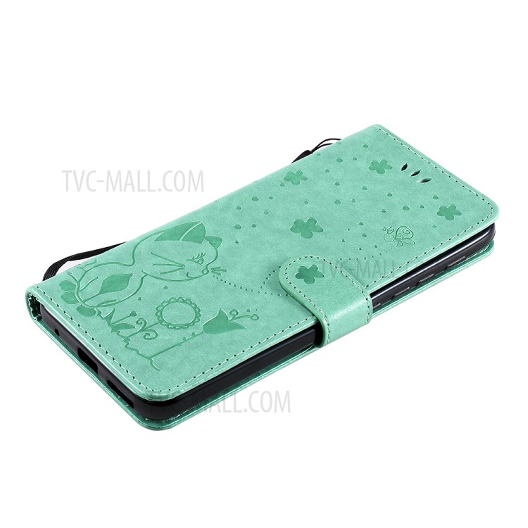 Wallet Stand Design Cat and Bee Pattern Imprinting Leather Case with Magnetic Closure for Motorola Moto G10/G30 - Green-9